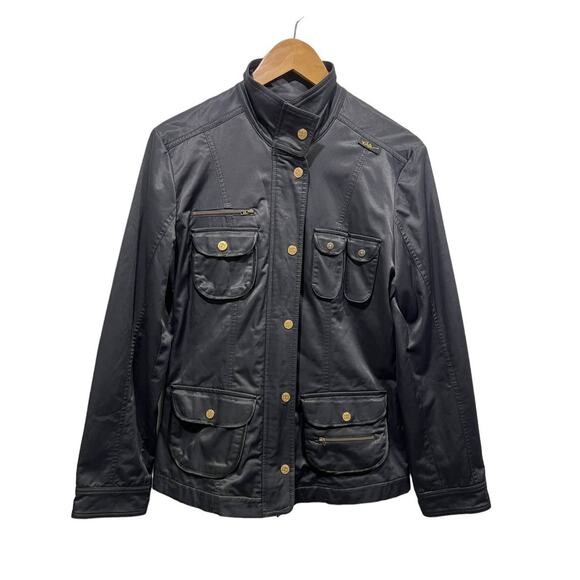 Enita Black Womens Medium Satin Utility Jacket Zip Snap Brass Button Lined Black - Picture 1 of 13